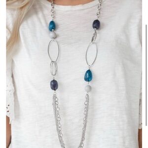 Silver and Blue Beaded Necklace with Oval Links